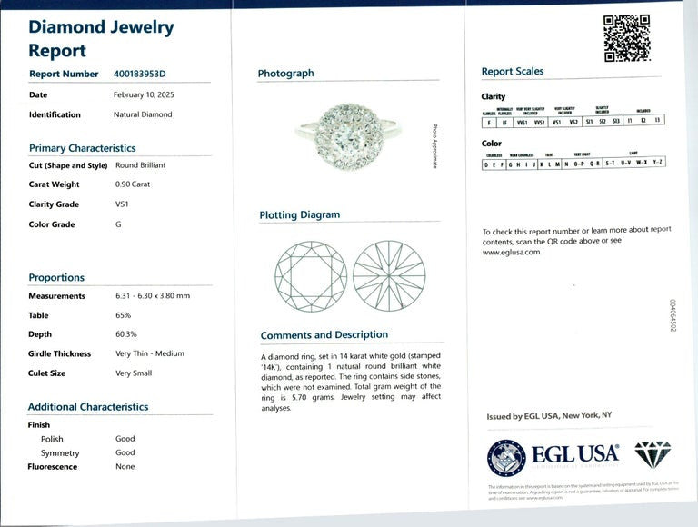 EGL Certified .90 Carat Diamond Halo White Gold Engagement Ring – image 3