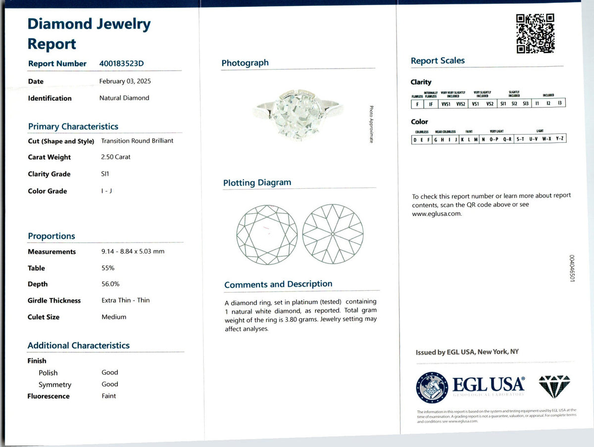 EGL Certified 2.50 Carat Round Diamond Platinum Art Deco Engagement Ring – image 3