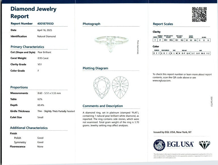 EGL Certified .95 Carat Diamond Platinum Engagement Ring – image 3