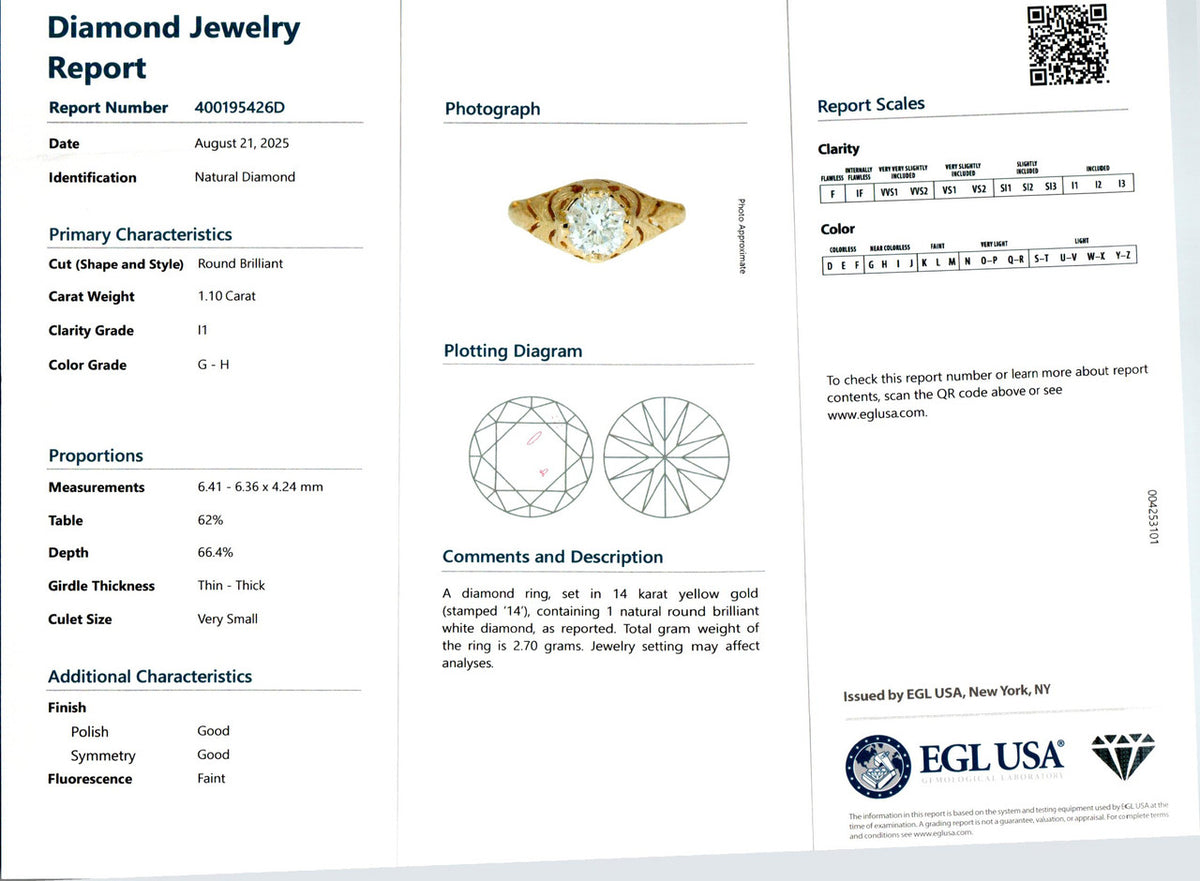EGL Certified 1.10 Carat Diamond Yellow Gold Engagement Ring – image 3