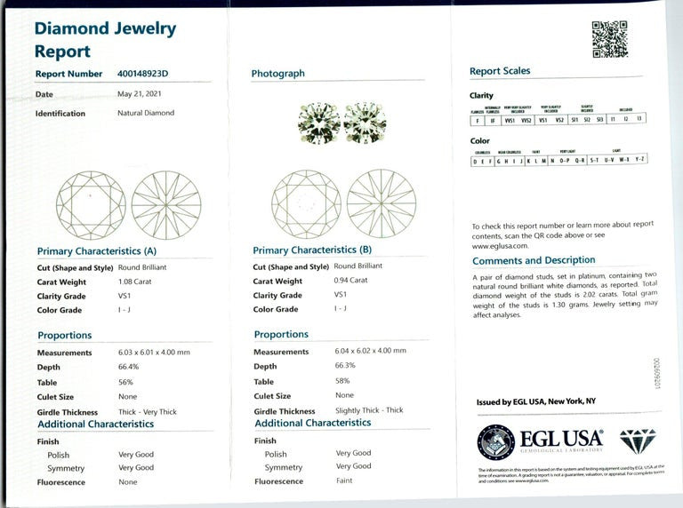 EGL Certified 2.02 Carat Platinum Stud Earrings – image 3