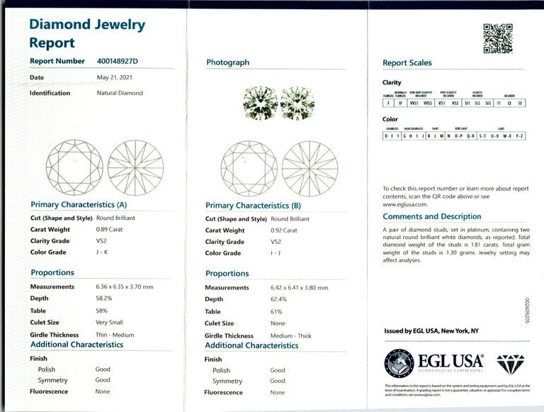 Peter Suchy EGL Certified 1.81 Carat Diamond Platinum Stud Earrings – image 4