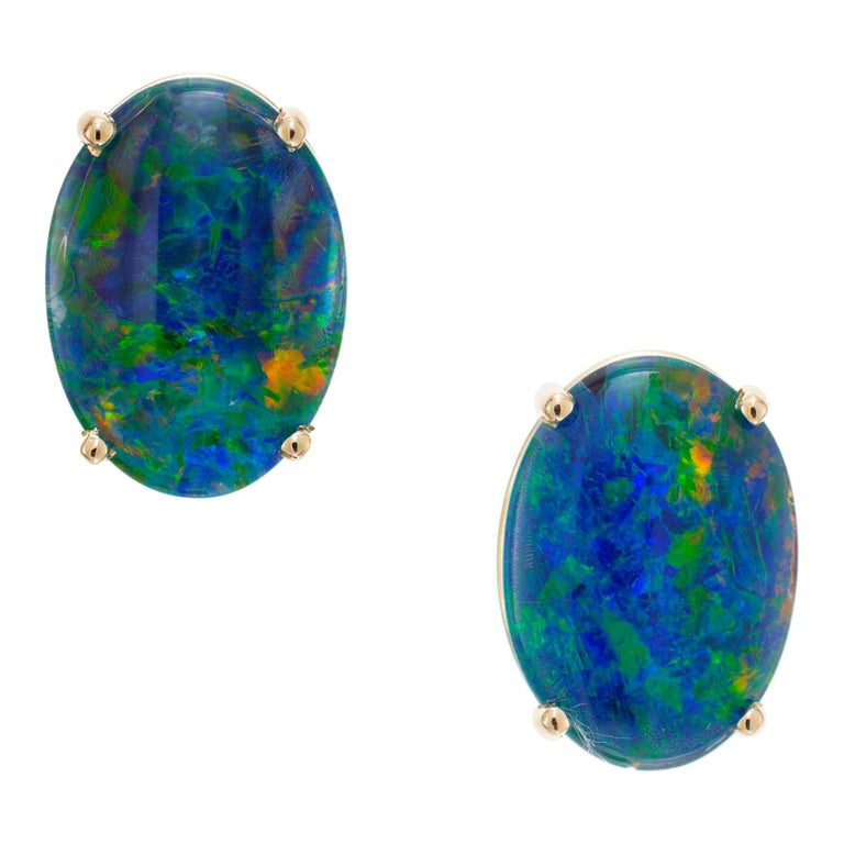 Peter Suchy 1.85 Carat Oval Opal Triplet Yellow Gold Earrings