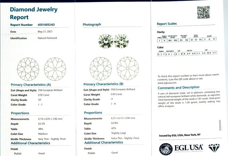 Peter Suchy EGL Certified 1.87 Carat Diamond Platinum Stud Earrings – image 3
