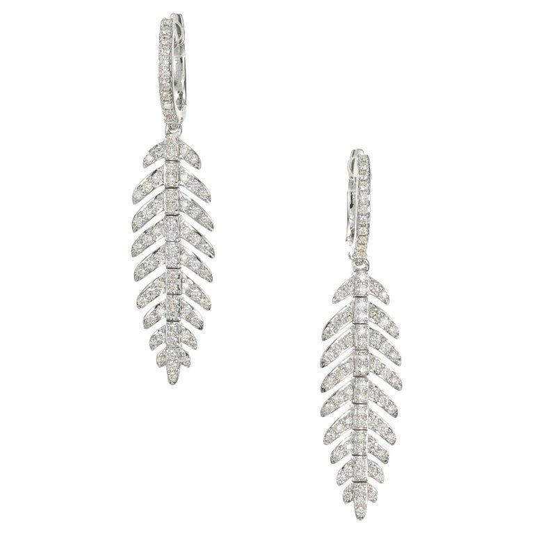 Effy .89 Carat Diamond White Gold Feather Dangle Drop Earrings