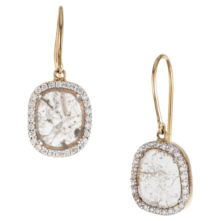 1.75 Carat Salt Pepper Diamond Halo Yellow Gold Dangle Earrings