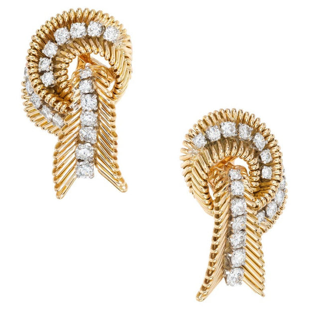 Van Cleef and Arpels 2.30 Carat Diamond Yellow Gold Swirl Earrings