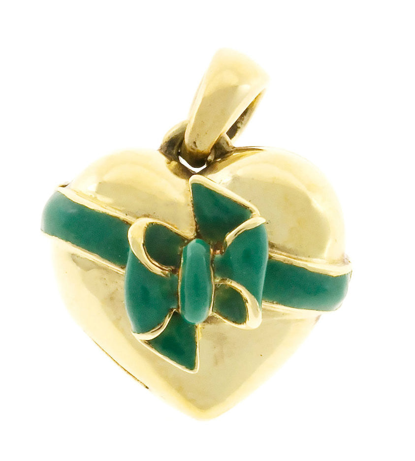 Vintage Hand Made Heavy Solid 18k Gold Green Enamel Bow Locket European Style
