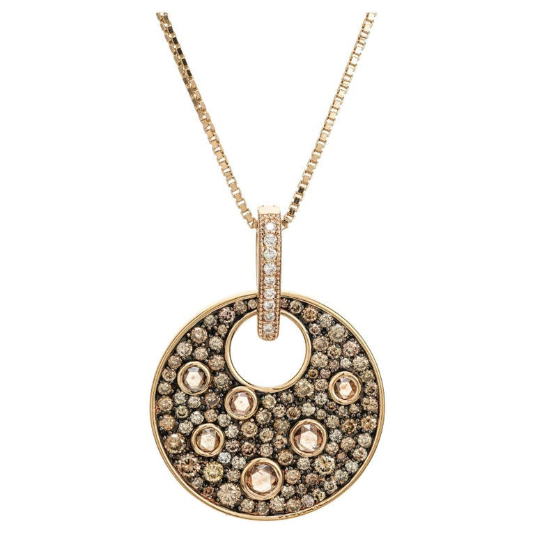 2.48 Carat Chocolate Brown Coffee Diamond Rose Gold Circle Pendant Necklace