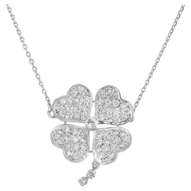 .92 Carat Diamond White Gold Four Leaf Clover Pendant Necklace