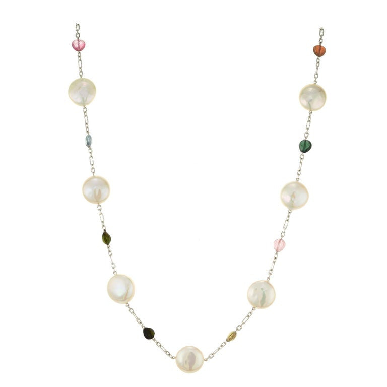 Freshwater Pearl Multi-Color Tourmaline Gold Link Necklace – image 2