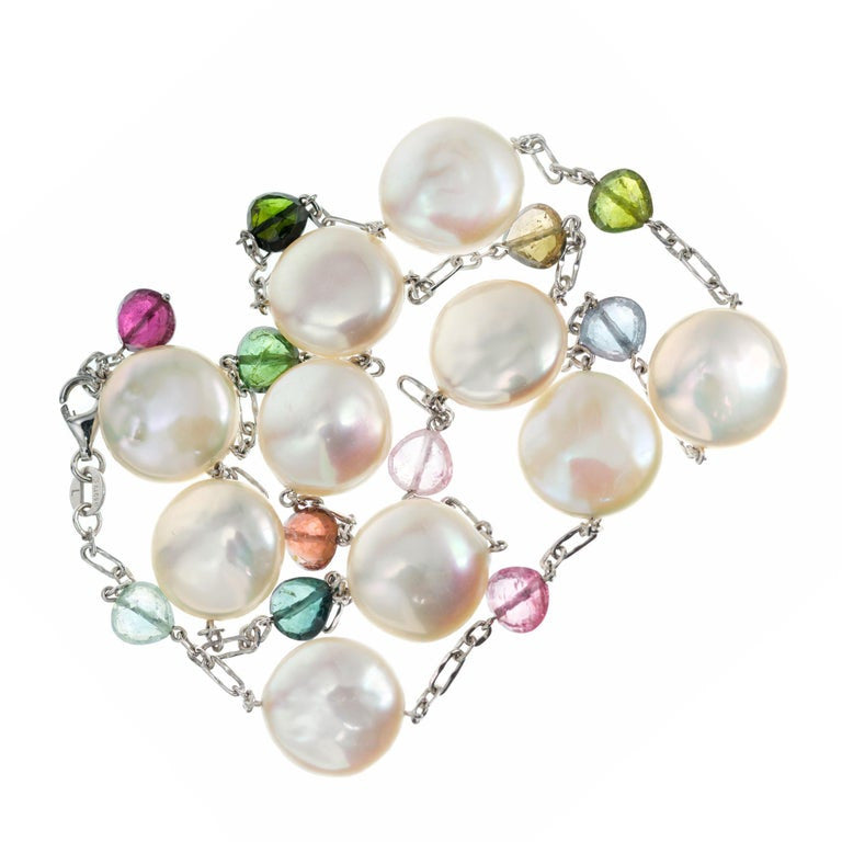 Freshwater Pearl Multi-Color Tourmaline Gold Link Necklace – image 3