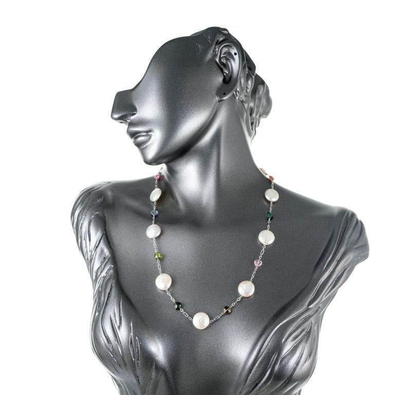 Freshwater Pearl Multi-Color Tourmaline Gold Link Necklace – image 5