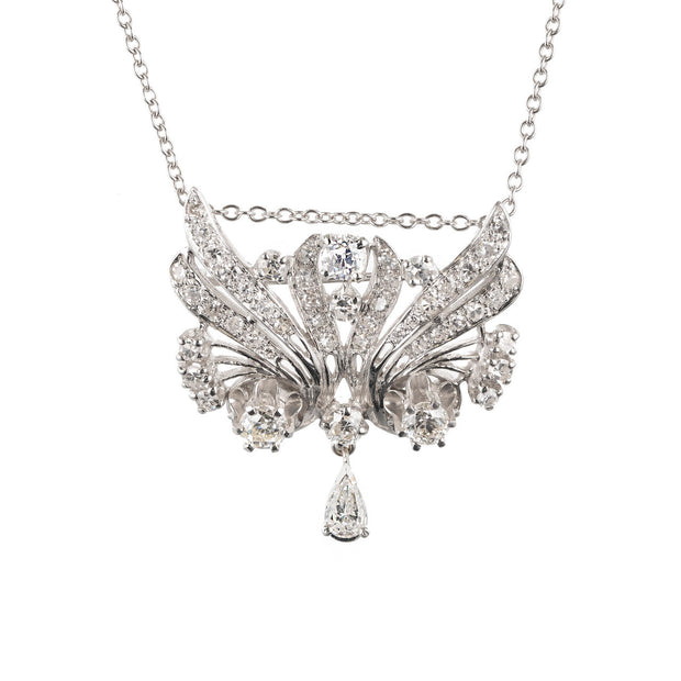 1.85 Carat Diamond White Gold Pendant Brooch Necklace