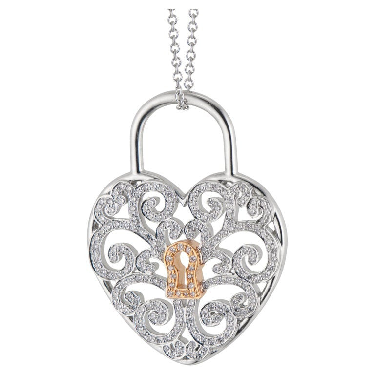 Tiffany & Co .95 Carat Diamond Platinum Rose Gold Heart Lock Pendant Necklace