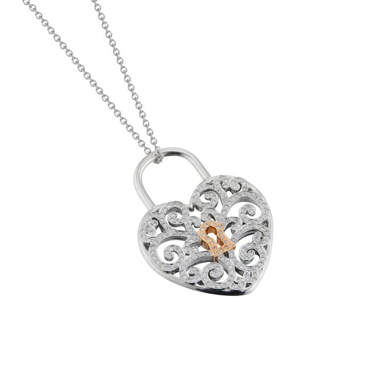 Tiffany & Co .95 Carat Diamond Platinum Rose Gold Heart Lock Pendant Necklace – image 2