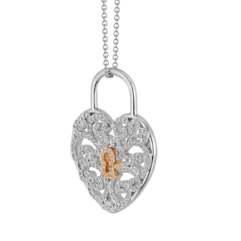 Tiffany & Co .95 Carat Diamond Platinum Rose Gold Heart Lock Pendant Necklace – image 4