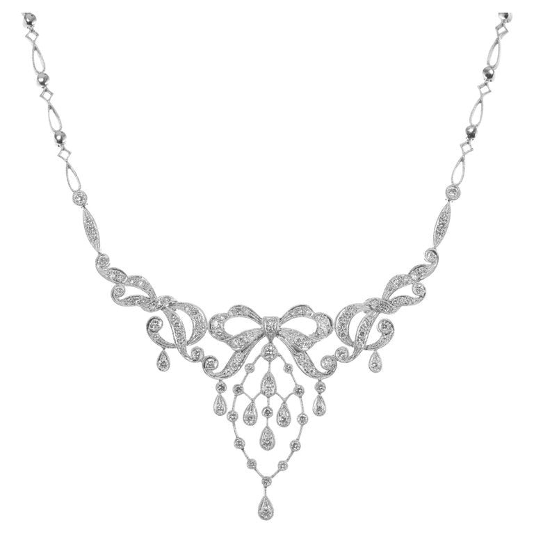 1.50 Carat Round Diamond White Gold Bow Pendant Necklace