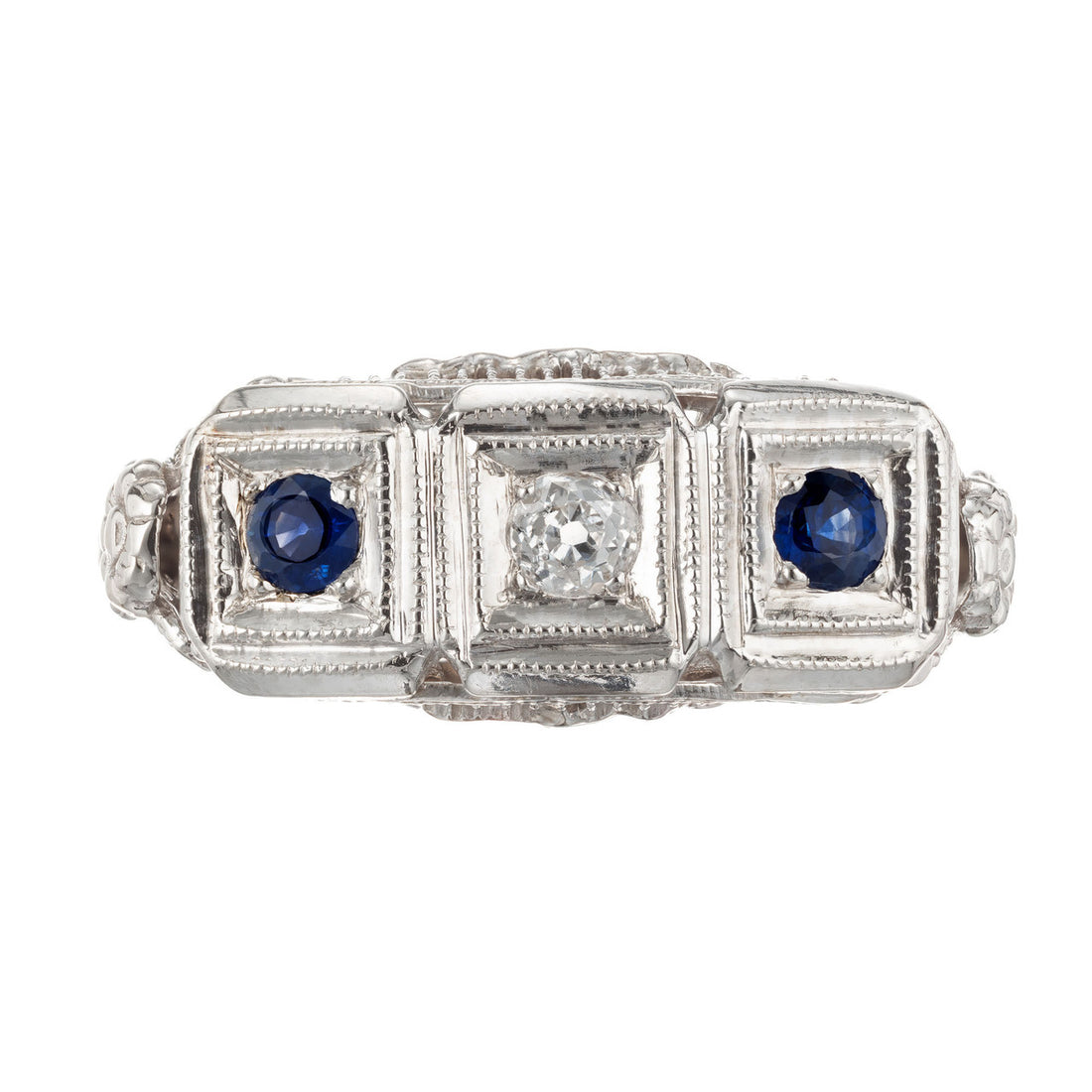 European Cut Diamond Sapphire Art Deco Filigree Gold Three-Stone Ring – image 2