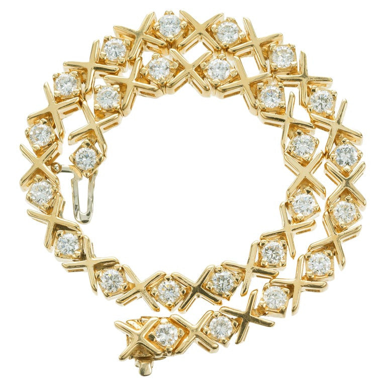 2.00 Carat Round Diamond Yellow Gold "X" Design Tennis Bracelet