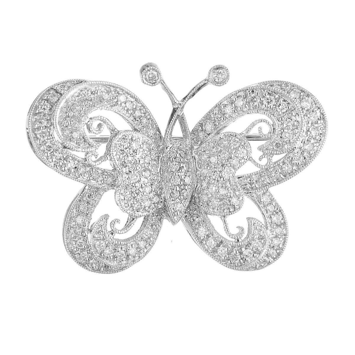 1.00 Carat Pave Round Diamond White Gold Butterfly Brooch