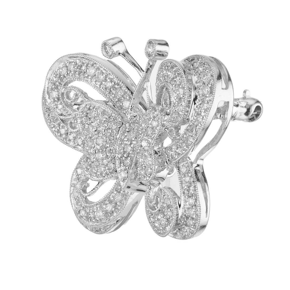 1.00 Carat Pave Round Diamond White Gold Butterfly Brooch – image 2