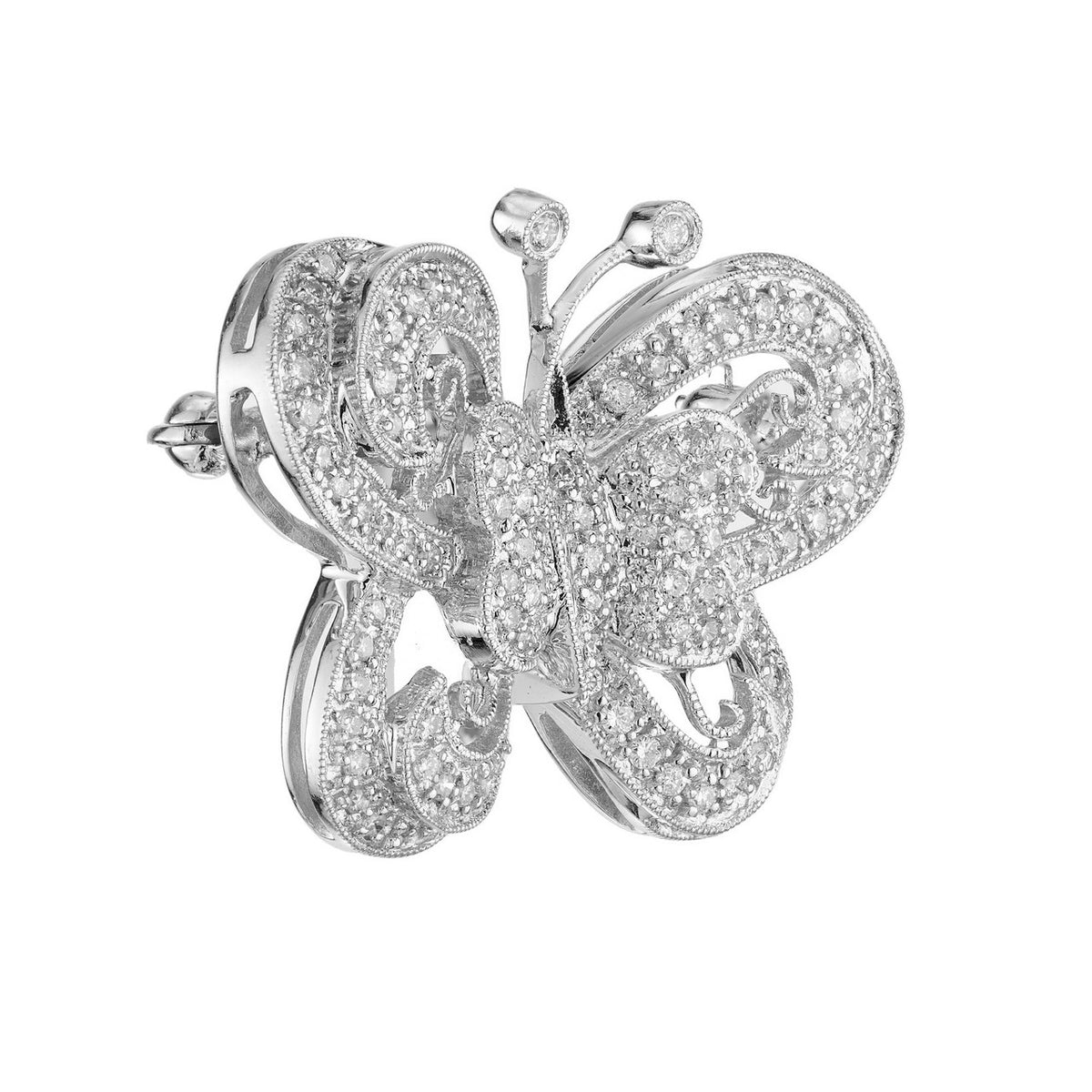 1.00 Carat Pave Round Diamond White Gold Butterfly Brooch – image 3
