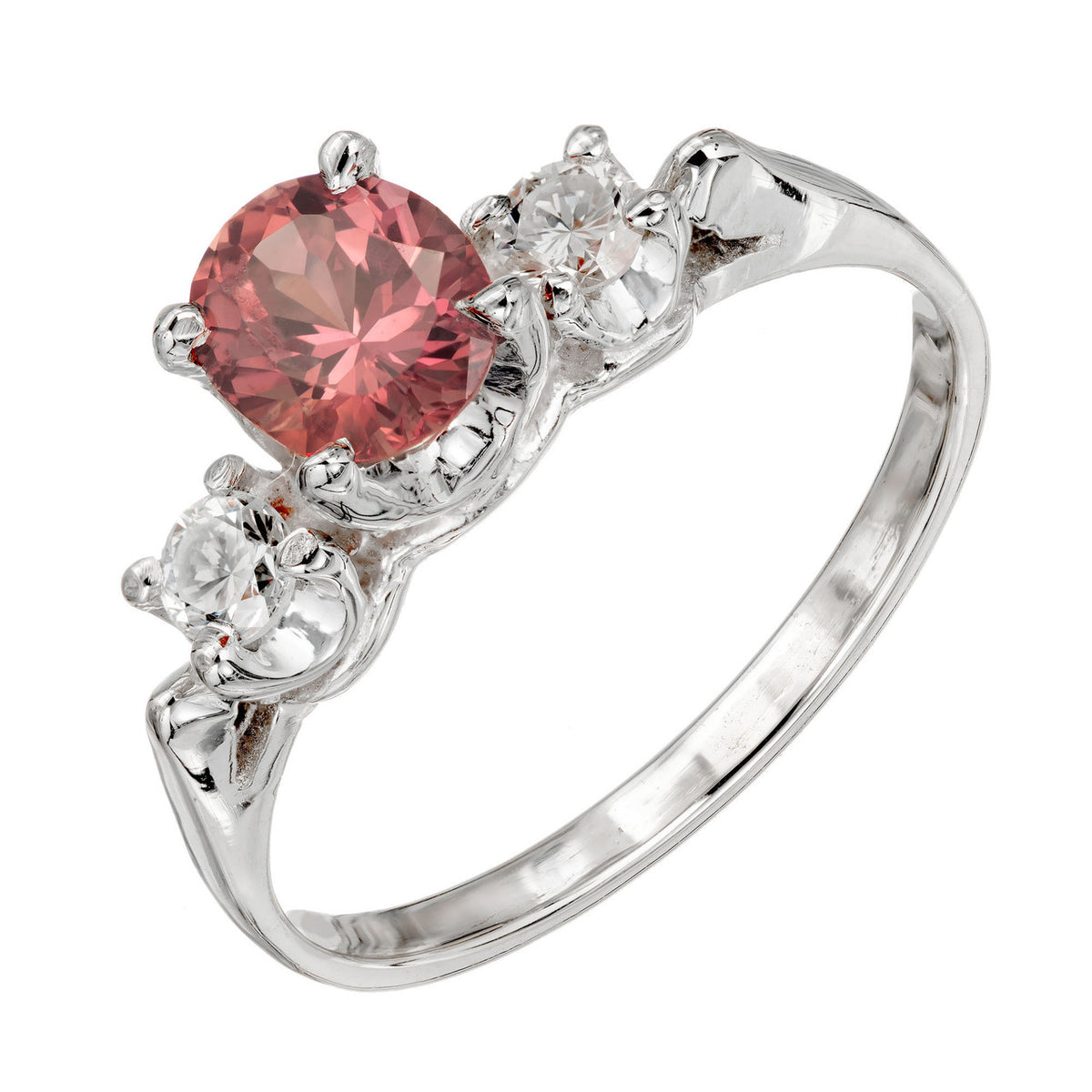 GIA .68 Carat Brown Pink Sapphire Diamond Three-Stone Gold Engagement Ring – image 3