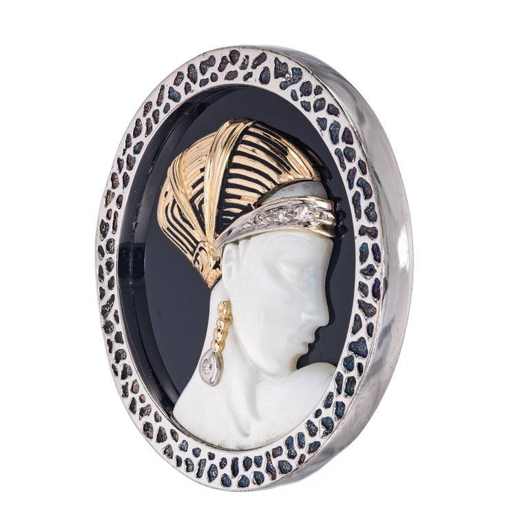 Erte .3 Carat Diamond Yellow Gold Sterling Silver Mother of Pearl Onyx Brooch – image 2