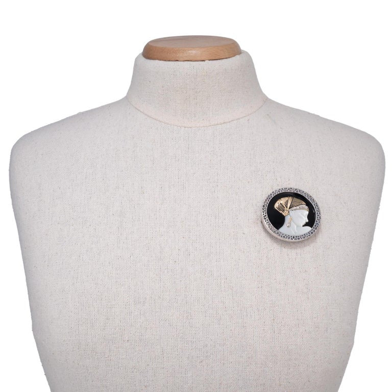 Erte .3 Carat Diamond Yellow Gold Sterling Silver Mother of Pearl Onyx Brooch – image 6