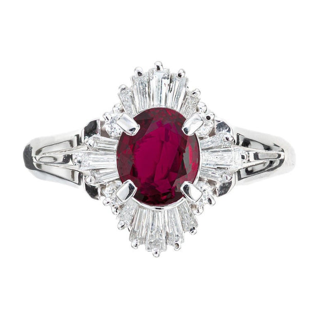 GIA Certified .95 Carat Ruby Diamond Halo Platinum Engagement Ring
