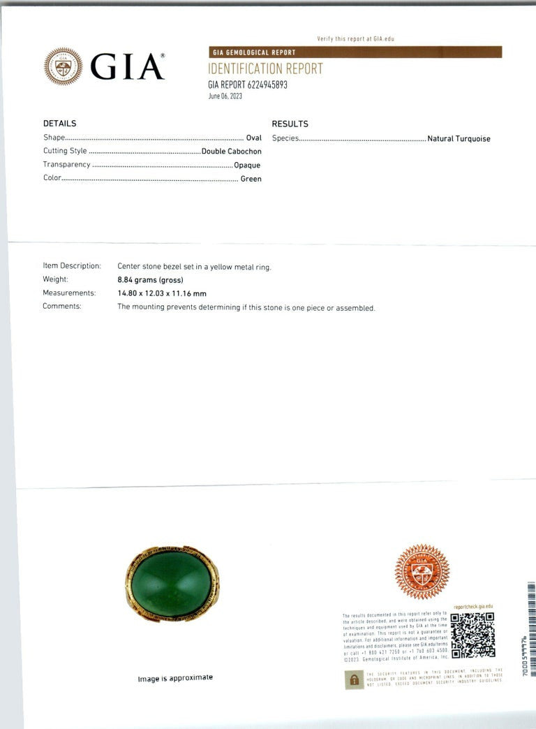 GIA Certified Sugar Loaf Turquoise Yellow Gold Cocktail Ring – image 3