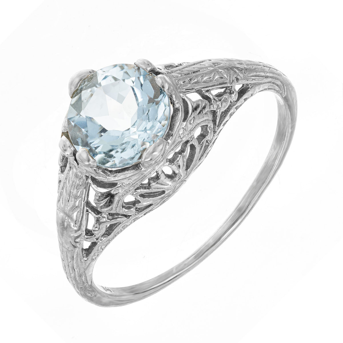 1.18 Carat Round Aquamarine White Gold Filagree Engagement Ring