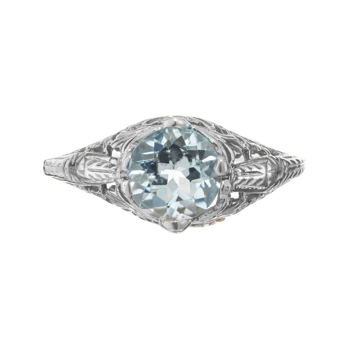 1.18 Carat Round Aquamarine White Gold Filagree Engagement Ring – image 2