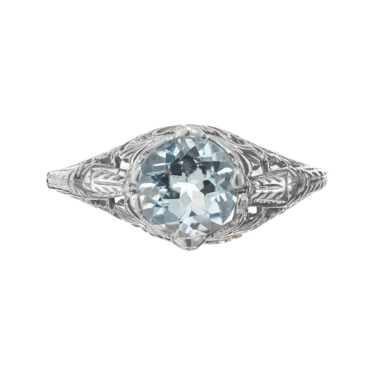 1.18 Carat Round Aquamarine White Gold Filagree Engagement Ring – image 2