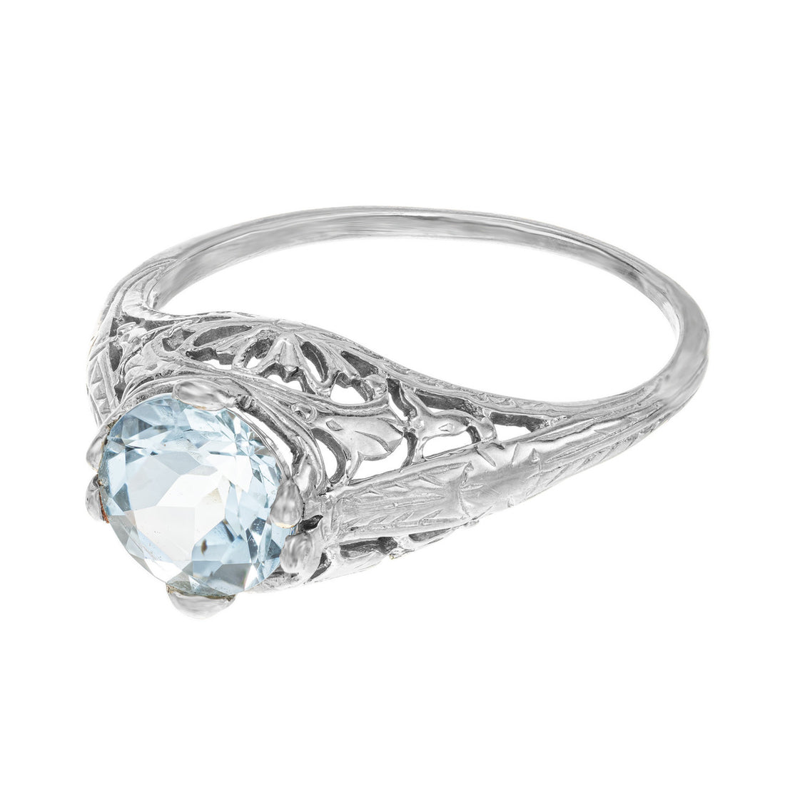 1.18 Carat Round Aquamarine White Gold Filagree Engagement Ring – image 3