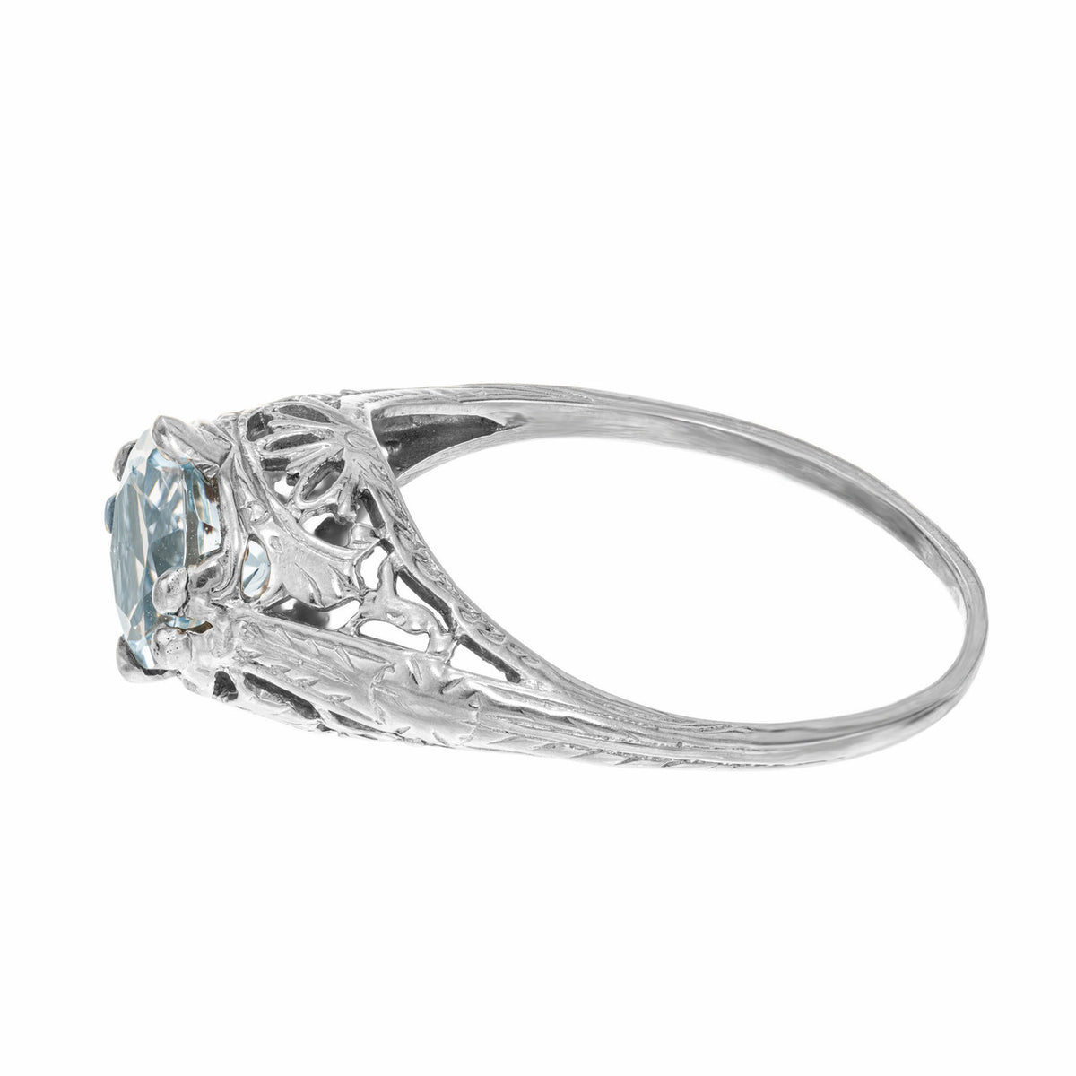 1.18 Carat Round Aquamarine White Gold Filagree Engagement Ring – image 4