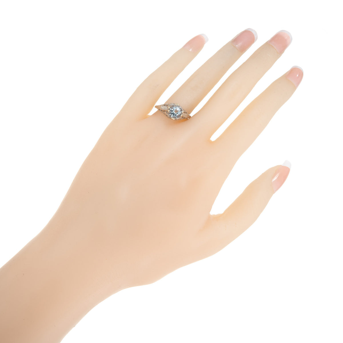 1.18 Carat Round Aquamarine White Gold Filagree Engagement Ring – image 6