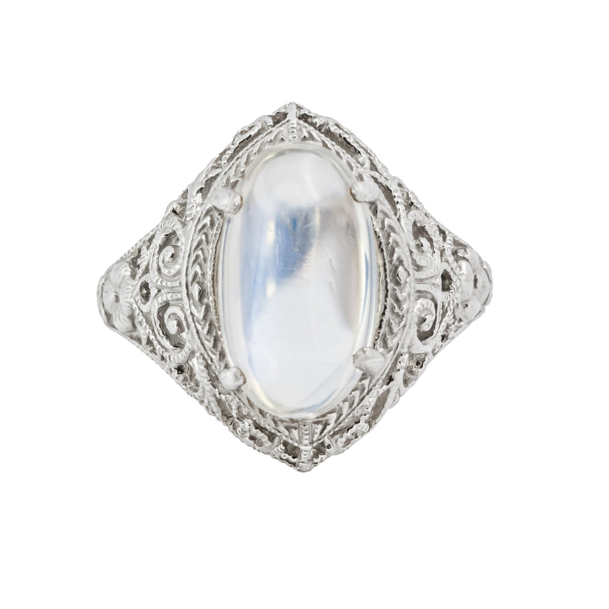 2.50 Carat Moonstone White Gold Filagree Ring