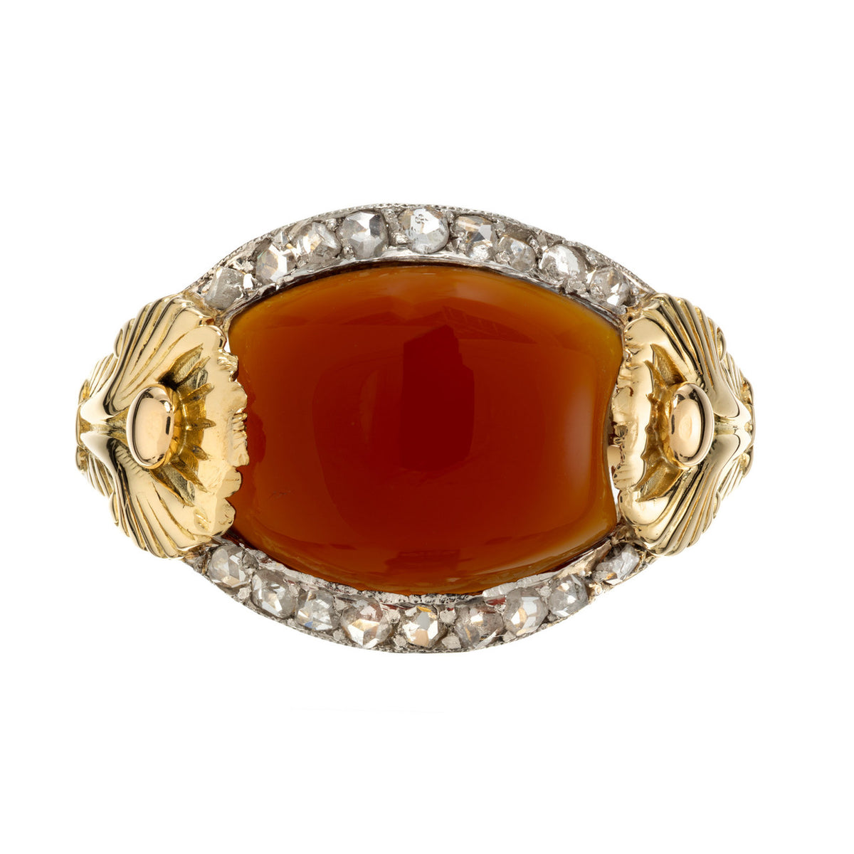 2.10 Carat Carnelian Diamond Halo Yellow Gold Dome Platinum Ring