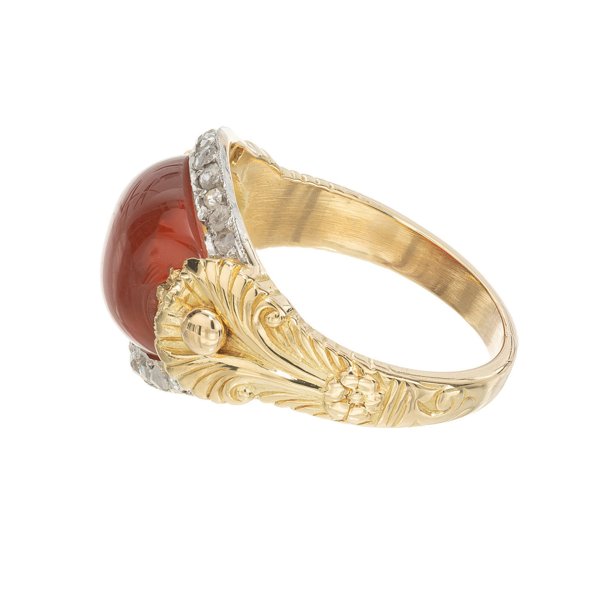 2.10 Carat Carnelian Diamond Halo Yellow Gold Dome Platinum Ring – image 4
