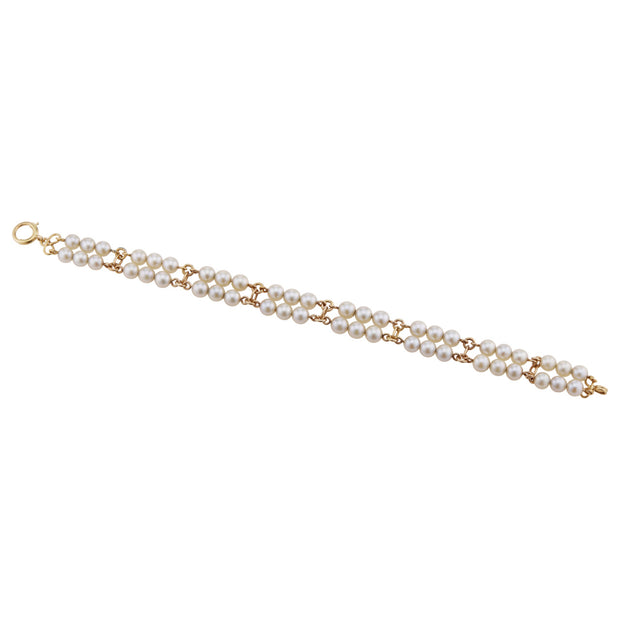 Silver White Akoya Pearl Yellow Gold Two Row Bracelet