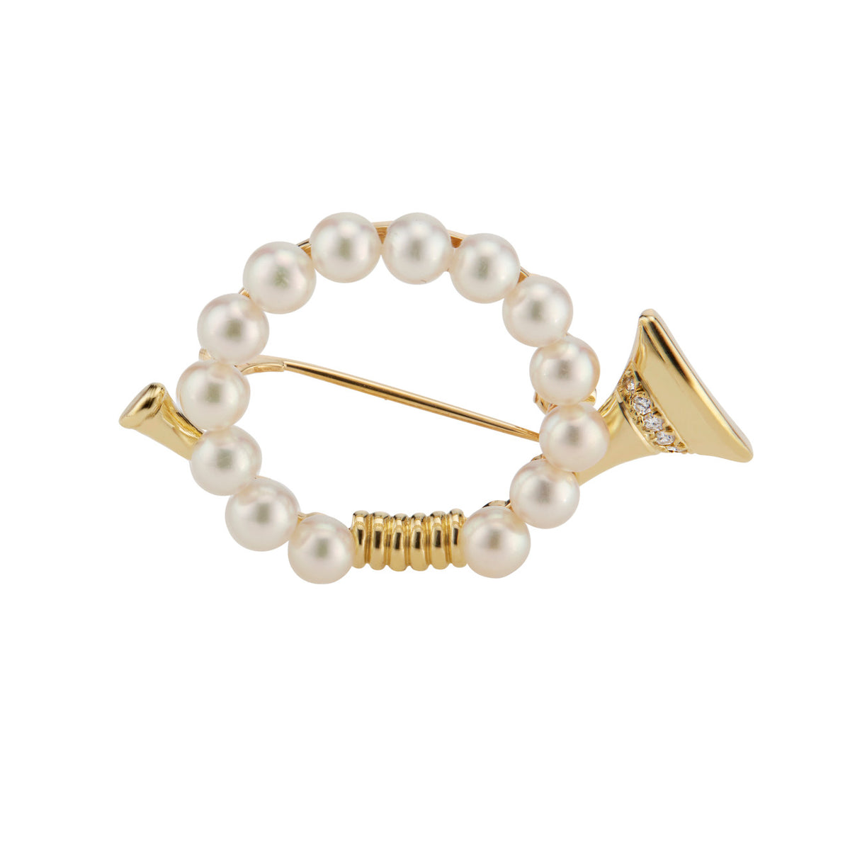 Mikimoto .5 Carat Diamond Pearl Yellow Gold French Horn Brooch