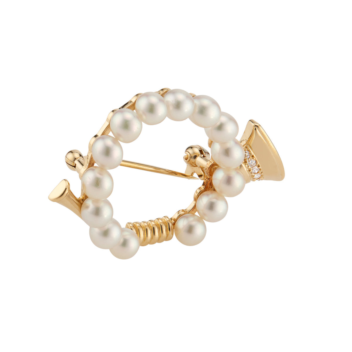 Mikimoto .5 Carat Diamond Pearl Yellow Gold French Horn Brooch – image 2