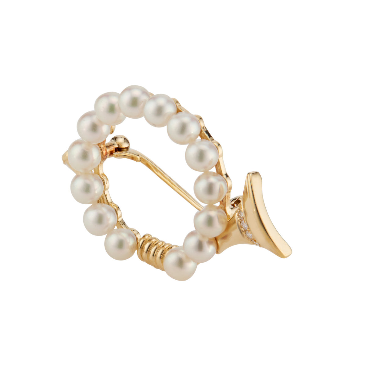 Mikimoto .5 Carat Diamond Pearl Yellow Gold French Horn Brooch – image 3