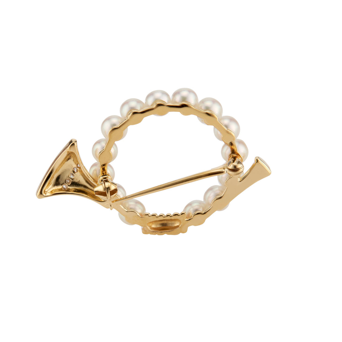 Mikimoto .5 Carat Diamond Pearl Yellow Gold French Horn Brooch – image 5