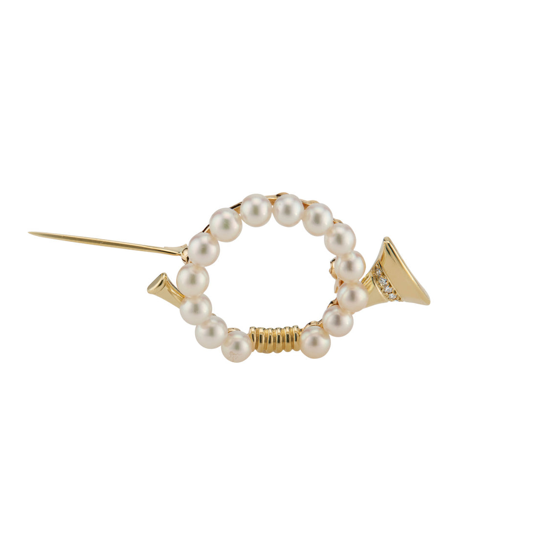 Mikimoto .5 Carat Diamond Pearl Yellow Gold French Horn Brooch – image 4