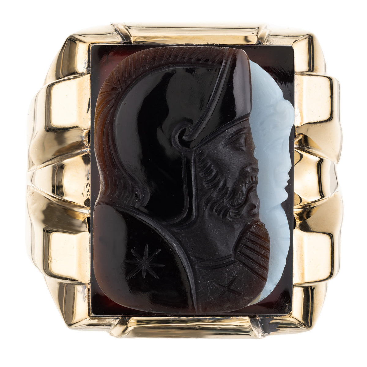 Carved Agate Yellow Gold Mens Ring