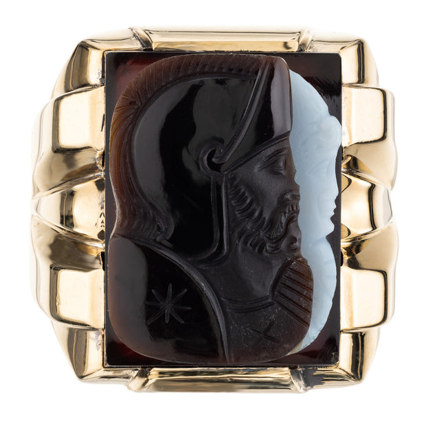 Carved Agate Yellow Gold Mens Ring