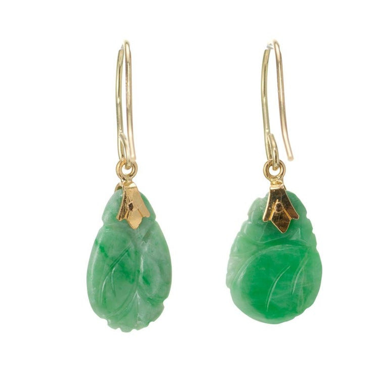 GIA Certified Carved Jadeite Jade Yellow Gold Dangle Earrings – image 5